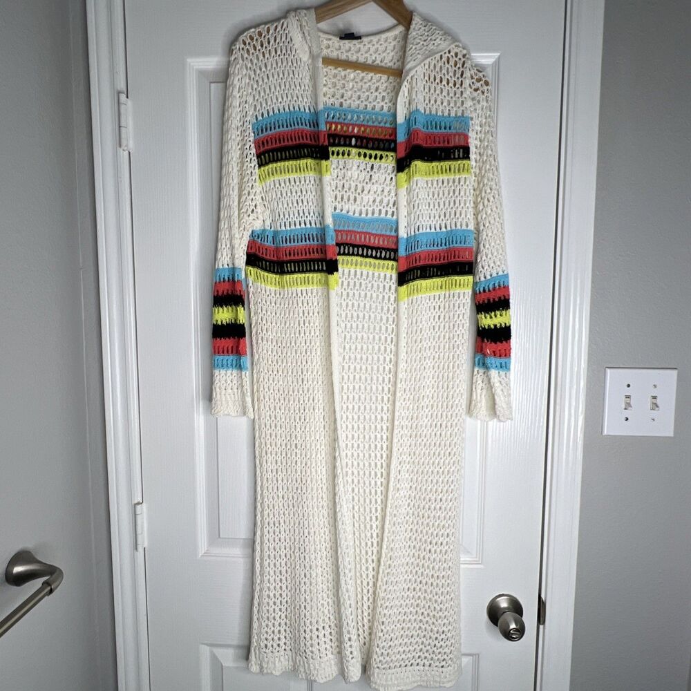 Scoop Crochet Knit Duster Cardigan Hooded Sweater Small Open Striped Boho READ